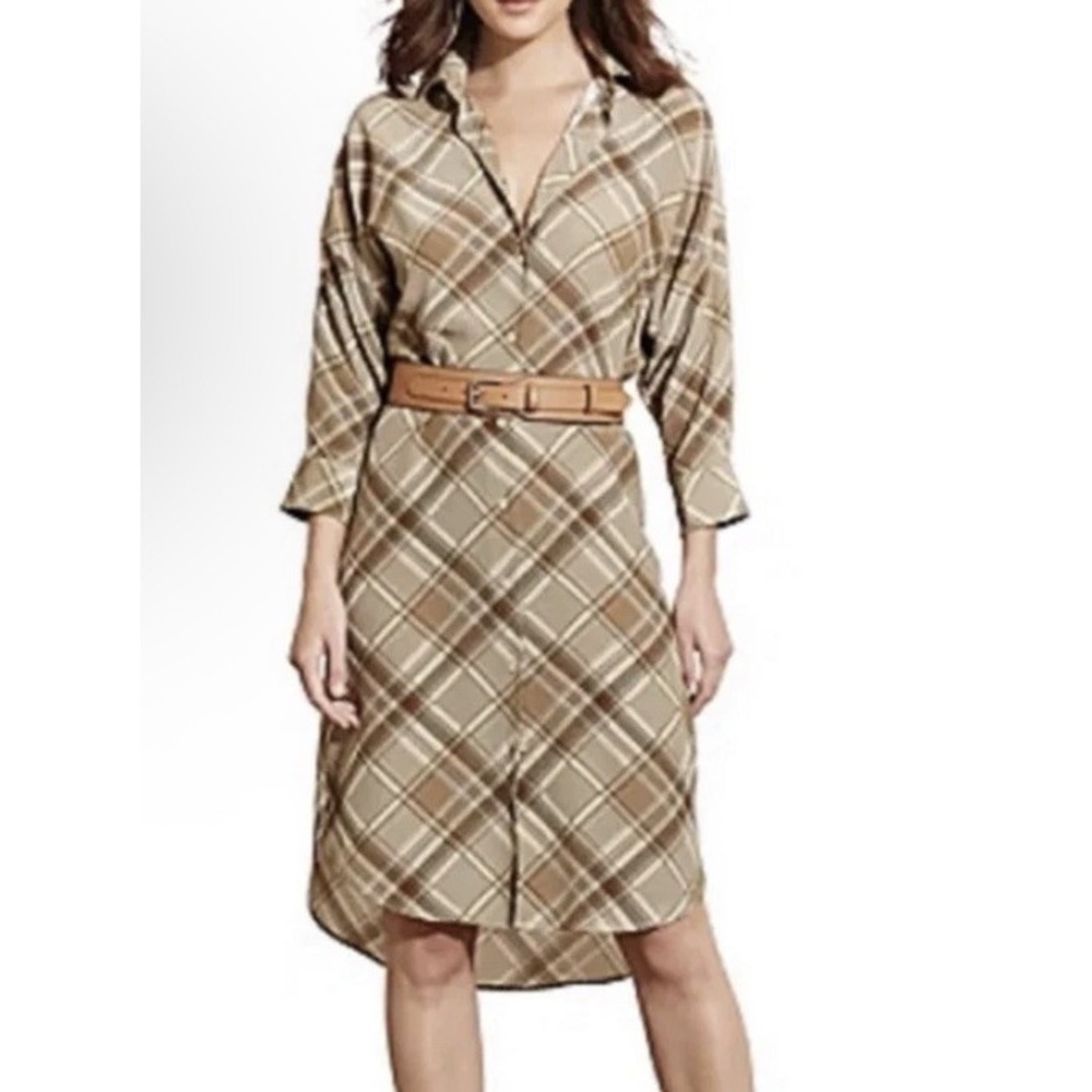 Lauren Ralph Lauren Shirt Dress Women 6P Brown Plaid Button Front Long Sleeve